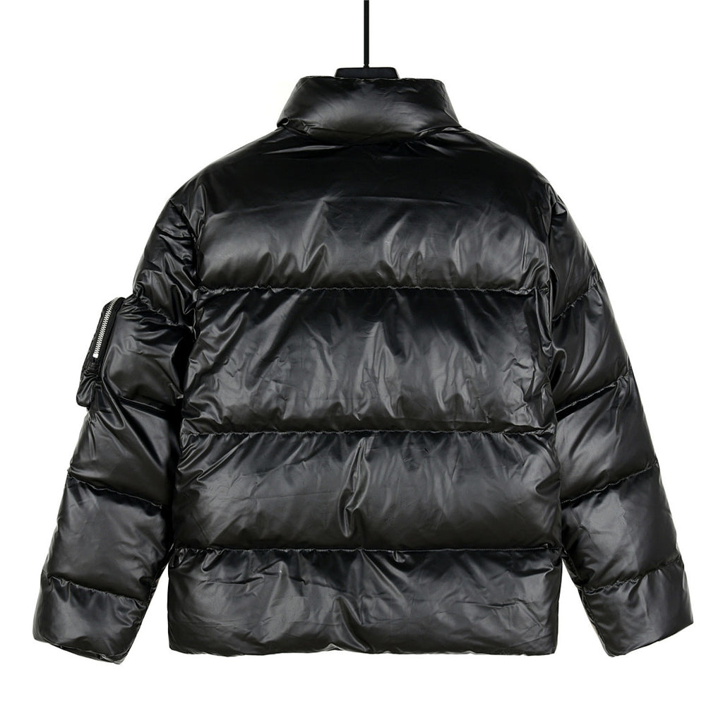 Prada Glossy Black Stand-Collar Puffer Jacket with Large Pockets