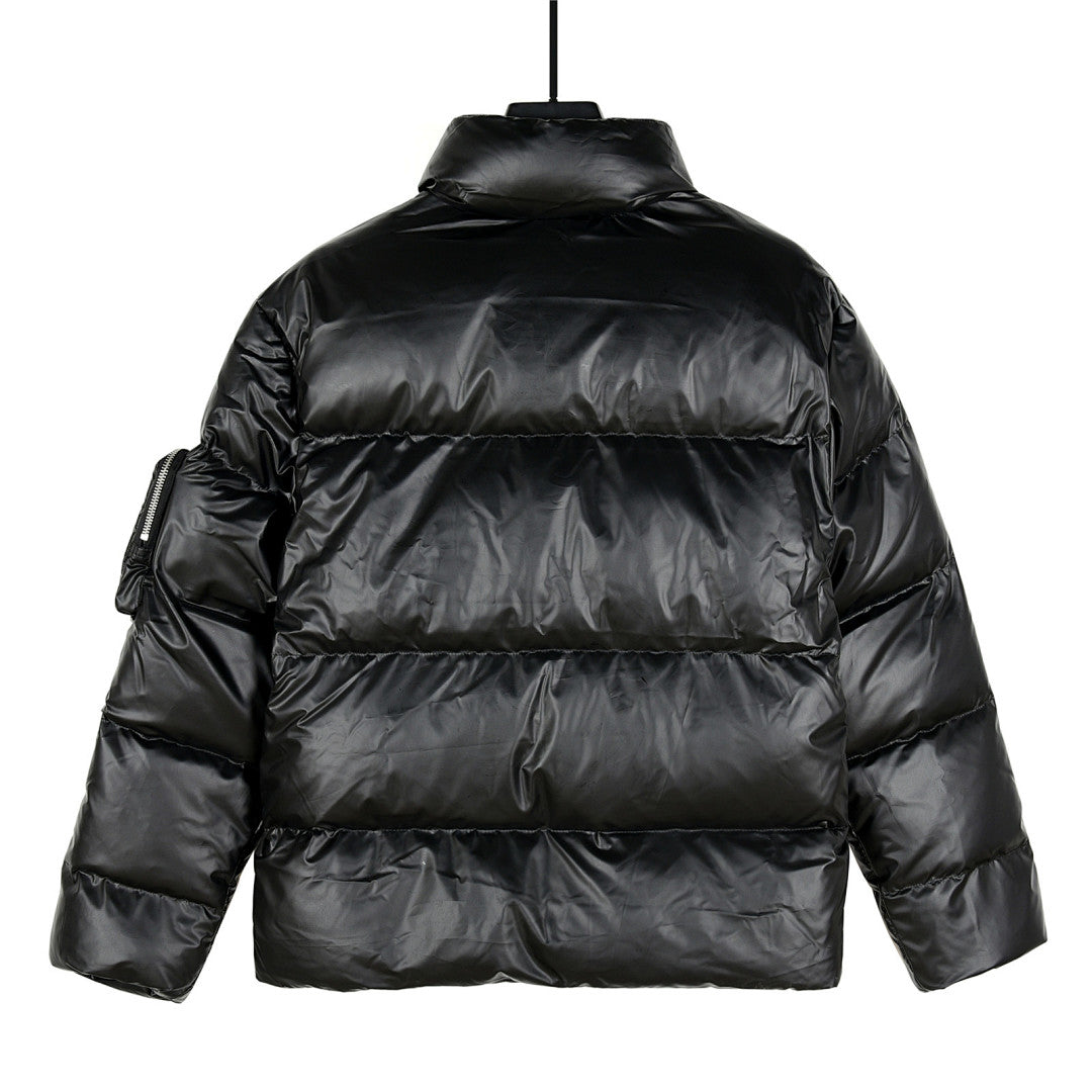 Prada Glossy Black Stand-Collar Puffer Jacket with Large Pockets