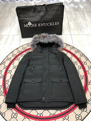 Moose Knuckles Men's Black Quilted Parka with Gray Fur-Style Hood Trim