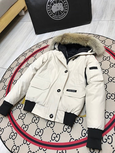 Canada Goose Women's Ivory Hooded Bomber Jacket with Fur-Style Trim