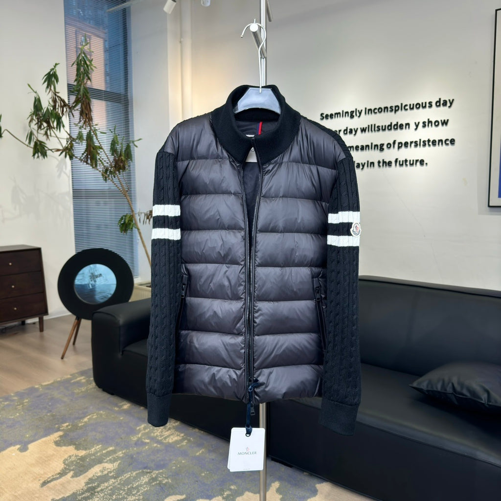 Moncler Quilted-Front Knit Jacket with Striped Sleeves