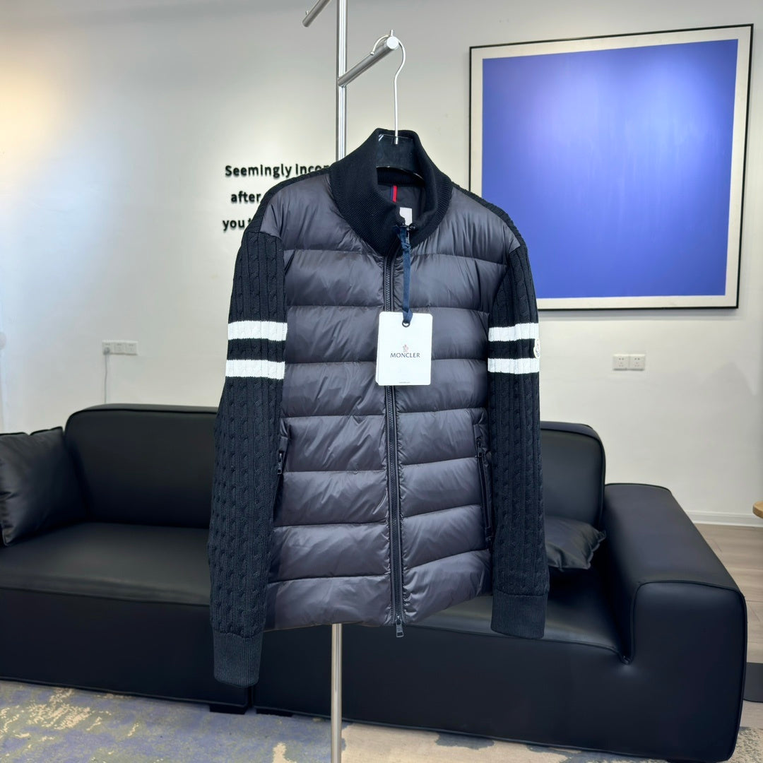 Moncler Quilted-Front Knit Jacket with Striped Sleeves
